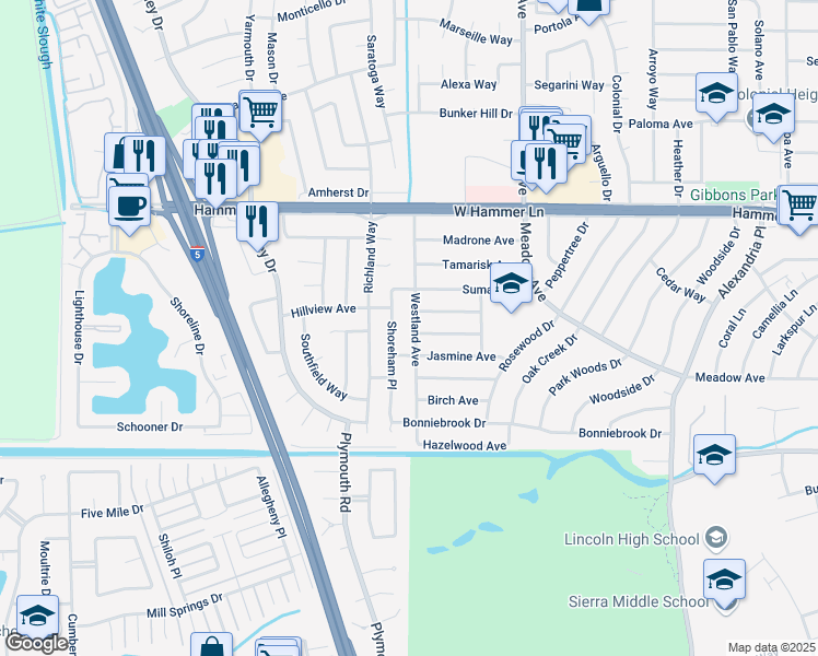 map of restaurants, bars, coffee shops, grocery stores, and more near 7329 Westland Avenue in Stockton
