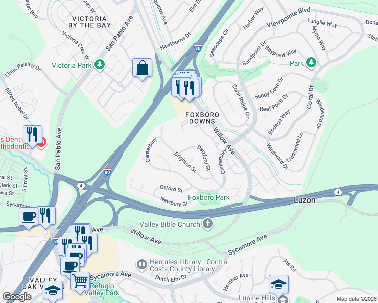 map of restaurants, bars, coffee shops, grocery stores, and more near 227 Dartford Street in Hercules