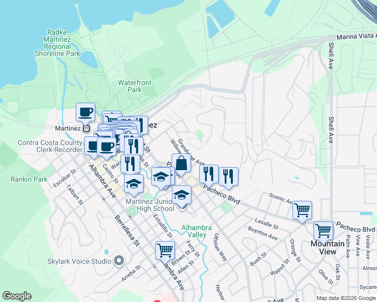 map of restaurants, bars, coffee shops, grocery stores, and more near 1033 Grandview Avenue in Martinez