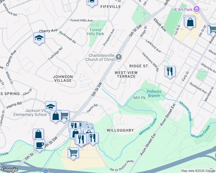 map of restaurants, bars, coffee shops, grocery stores, and more near 166 Brookwood Drive in Charlottesville