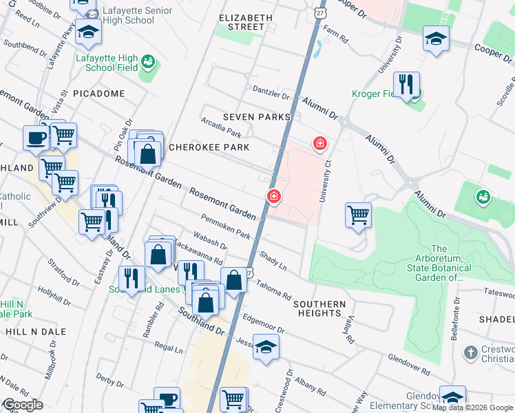 map of restaurants, bars, coffee shops, grocery stores, and more near 1805 Nicholasville Road in Lexington