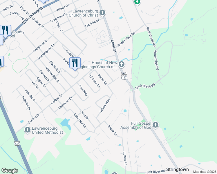 map of restaurants, bars, coffee shops, grocery stores, and more near 1072 Butler Drive in Lawrenceburg