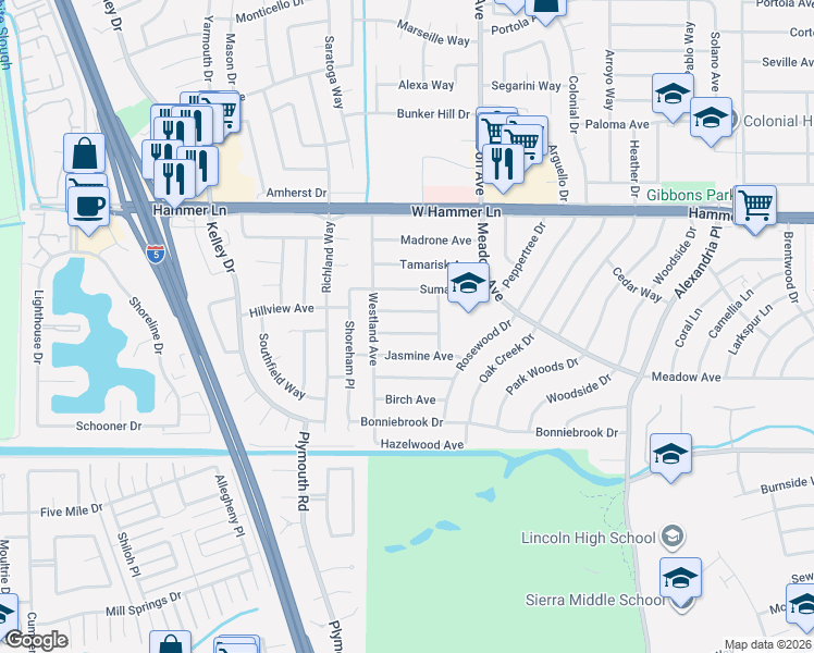map of restaurants, bars, coffee shops, grocery stores, and more near 2643 Manzanita Avenue in Stockton