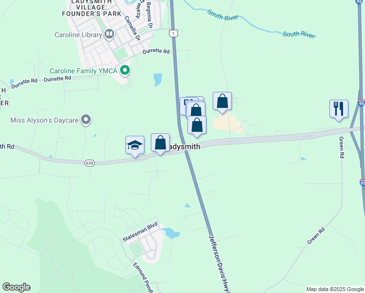 map of restaurants, bars, coffee shops, grocery stores, and more near in Ladysmith