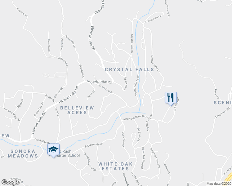 map of restaurants, bars, coffee shops, grocery stores, and more near 16601 Creekside Drive in Sonora