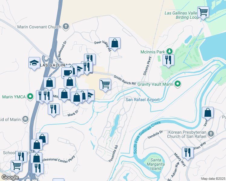 map of restaurants, bars, coffee shops, grocery stores, and more near 11 Wharf Circle in San Rafael