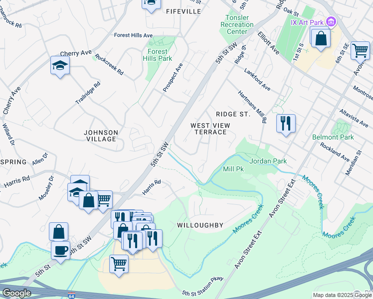 map of restaurants, bars, coffee shops, grocery stores, and more near 167 Brookwood Drive in Charlottesville