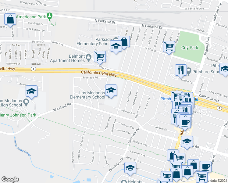 map of restaurants, bars, coffee shops, grocery stores, and more near 610 Crowley Avenue in Pittsburg
