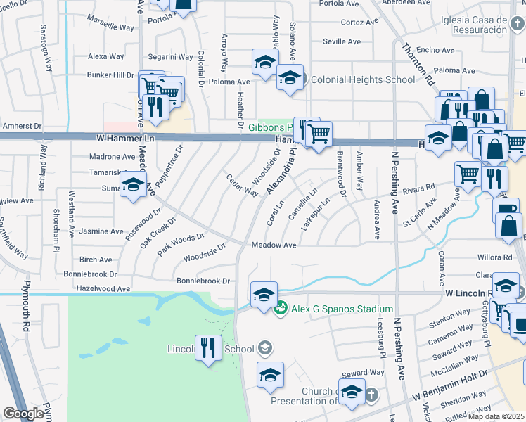 map of restaurants, bars, coffee shops, grocery stores, and more near 7422 Alexandria Place in Stockton
