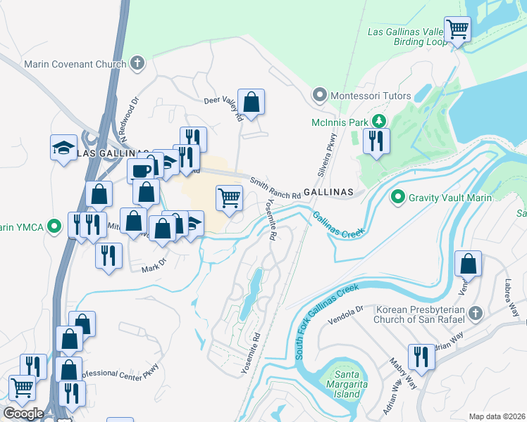map of restaurants, bars, coffee shops, grocery stores, and more near 21 Keel Court in San Rafael