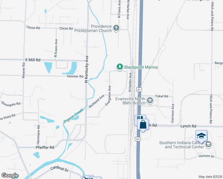 map of restaurants, bars, coffee shops, grocery stores, and more near 3901 Evergreen Avenue in Evansville