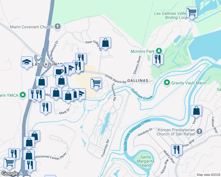 map of restaurants, bars, coffee shops, grocery stores, and more near 21 Keel Court in San Rafael