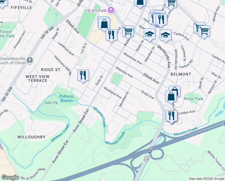 map of restaurants, bars, coffee shops, grocery stores, and more near 805 Rockland Avenue in Charlottesville