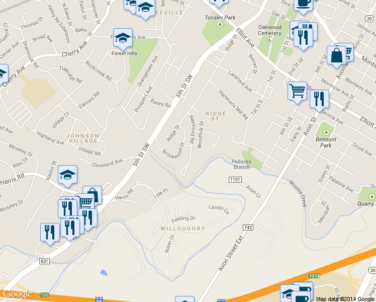 map of restaurants, bars, coffee shops, grocery stores, and more near 190 Brookwood Drive in Charlottesville