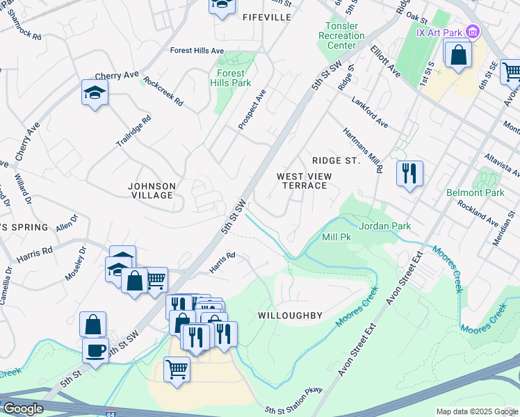 map of restaurants, bars, coffee shops, grocery stores, and more near 166 Brookwood Drive in Charlottesville