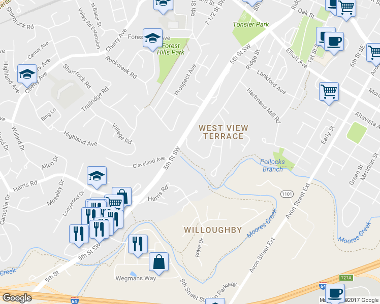 map of restaurants, bars, coffee shops, grocery stores, and more near 166 Brookwood Drive in Charlottesville