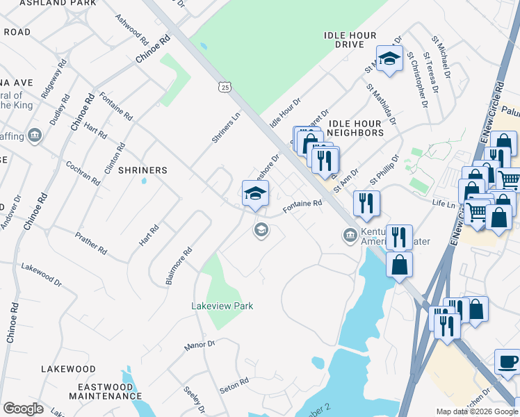 map of restaurants, bars, coffee shops, grocery stores, and more near 2077 Fontaine Road in Lexington