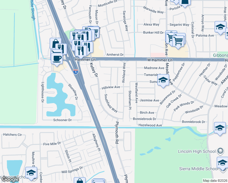 map of restaurants, bars, coffee shops, grocery stores, and more near 2937 Hempstead Way in Stockton