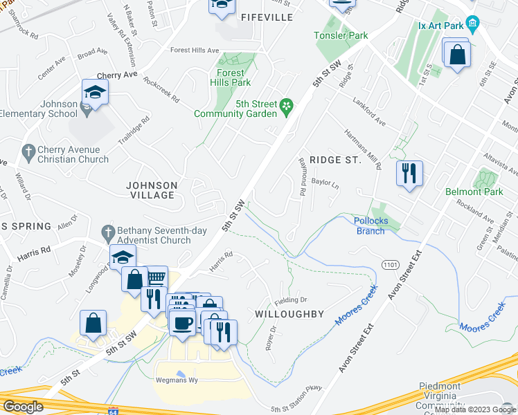 map of restaurants, bars, coffee shops, grocery stores, and more near 154 Brookwood Drive in Charlottesville