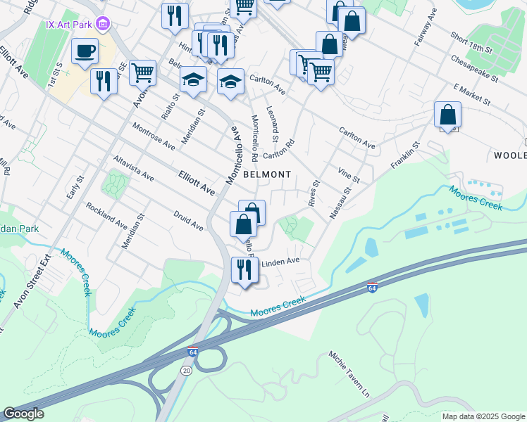 map of restaurants, bars, coffee shops, grocery stores, and more near 1506 Monticello Road in Charlottesville