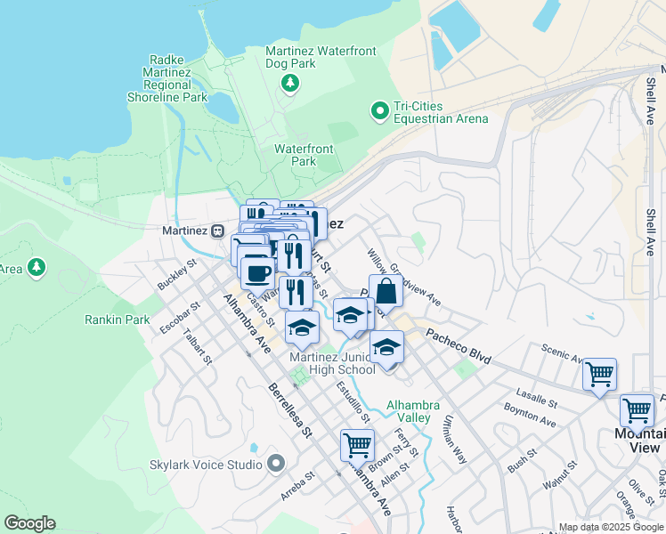 map of restaurants, bars, coffee shops, grocery stores, and more near in Martinez