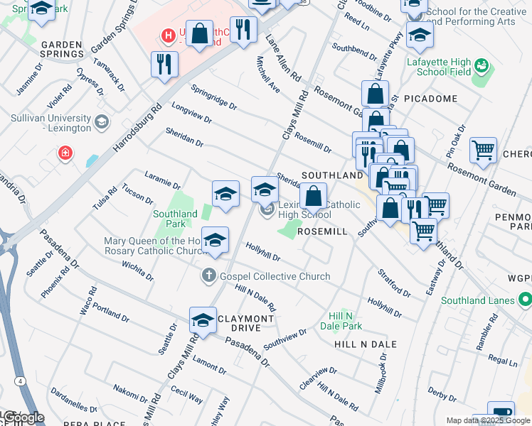map of restaurants, bars, coffee shops, grocery stores, and more near 2250 Clays Mill Road in Lexington