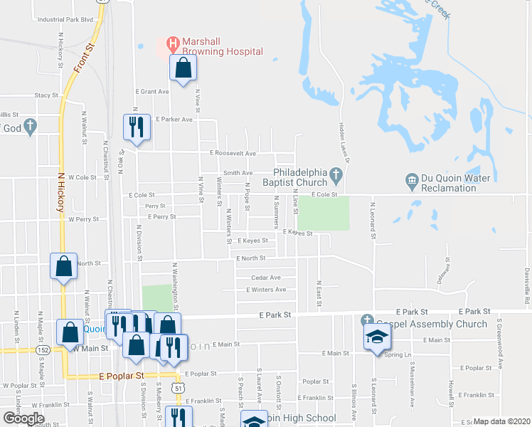 map of restaurants, bars, coffee shops, grocery stores, and more near 526 East Hope Street in Du Quoin