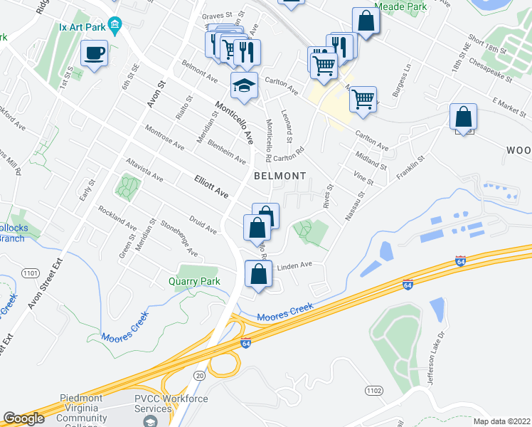 map of restaurants, bars, coffee shops, grocery stores, and more near Elliott Ave & Monticello Rd in Charlottesville