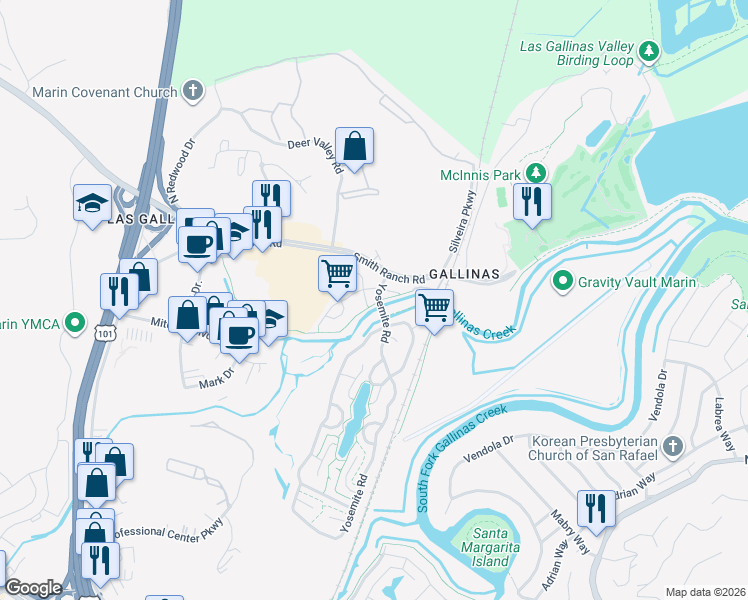 map of restaurants, bars, coffee shops, grocery stores, and more near 21 Keel Court in San Rafael