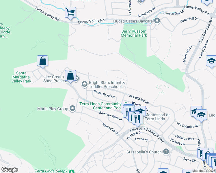 map of restaurants, bars, coffee shops, grocery stores, and more near 750 Las Colindas Road in San Rafael