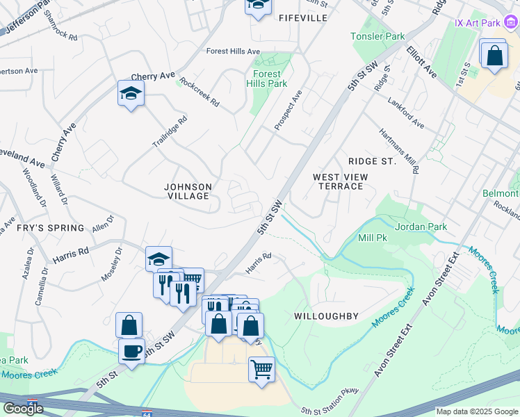 map of restaurants, bars, coffee shops, grocery stores, and more near 100 Dalton Lane in Charlottesville