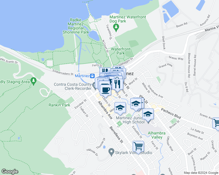 map of restaurants, bars, coffee shops, grocery stores, and more near 721 Main Street in Martinez