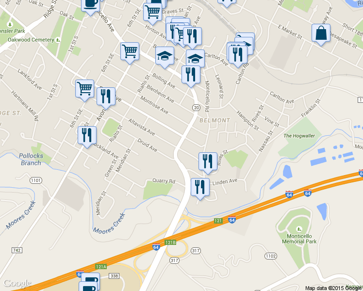 map of restaurants, bars, coffee shops, grocery stores, and more near 1101 Altavista Avenue in Charlottesville