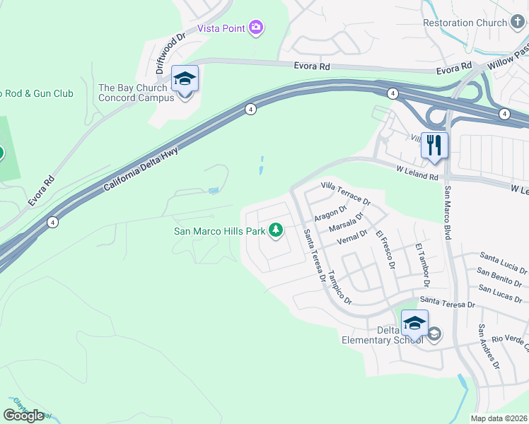 map of restaurants, bars, coffee shops, grocery stores, and more near 3237 La Paz Drive in Pittsburg