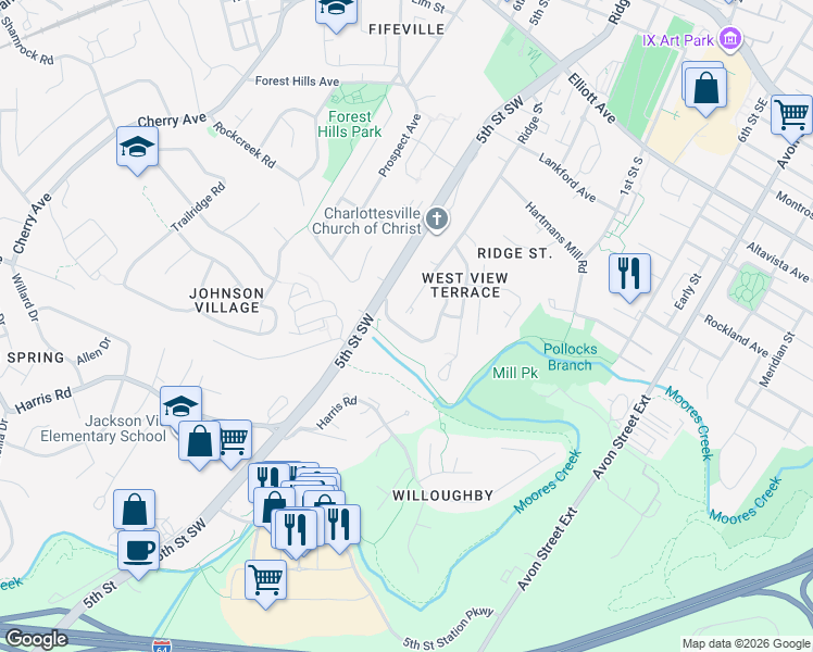 map of restaurants, bars, coffee shops, grocery stores, and more near 166 Brookwood Drive in Charlottesville