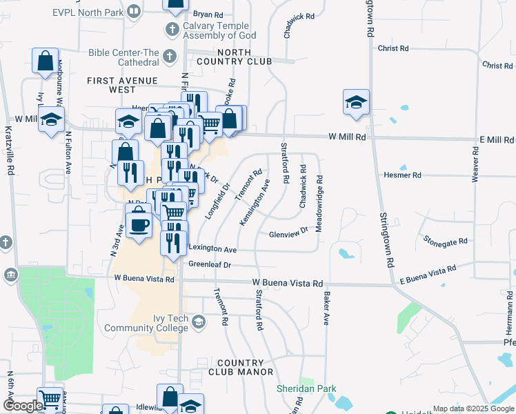 map of restaurants, bars, coffee shops, grocery stores, and more near 413 North Park Drive in Evansville