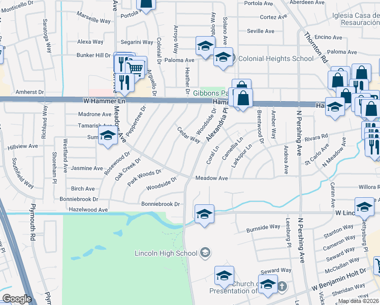 map of restaurants, bars, coffee shops, grocery stores, and more near 7436 Woodside Drive in Stockton