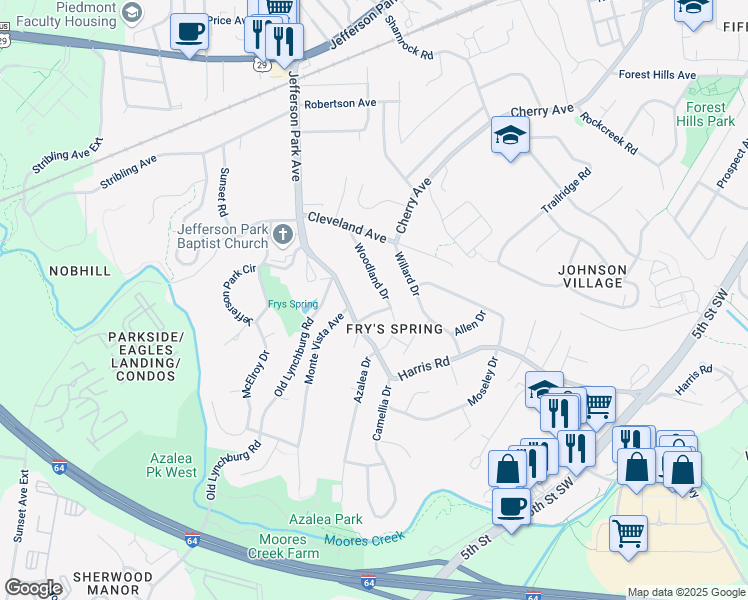 map of restaurants, bars, coffee shops, grocery stores, and more near 2539A Woodland Drive in Charlottesville