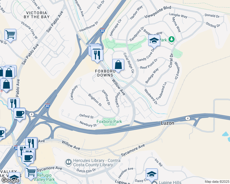 map of restaurants, bars, coffee shops, grocery stores, and more near 204 Bristol in Hercules