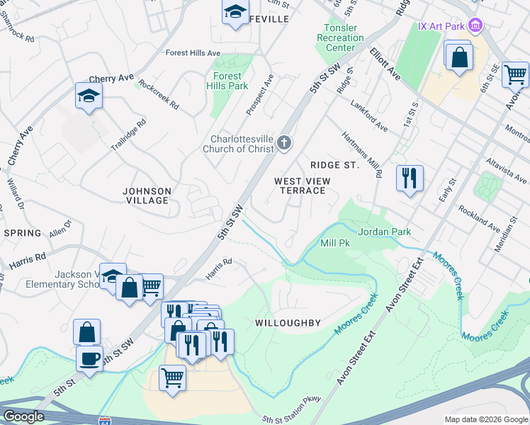 map of restaurants, bars, coffee shops, grocery stores, and more near 166 Brookwood Drive in Charlottesville