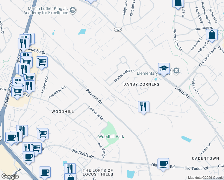 map of restaurants, bars, coffee shops, grocery stores, and more near 2497 Palumbo Drive in Lexington
