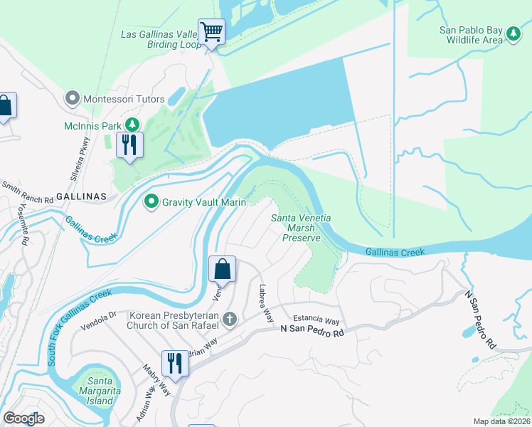 map of restaurants, bars, coffee shops, grocery stores, and more near 842 Rincon Way in San Rafael