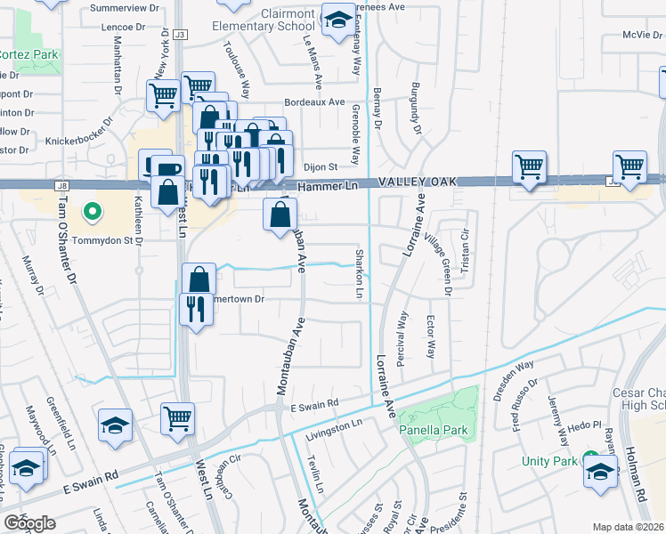 map of restaurants, bars, coffee shops, grocery stores, and more near 2155 Sharkon Court in Stockton
