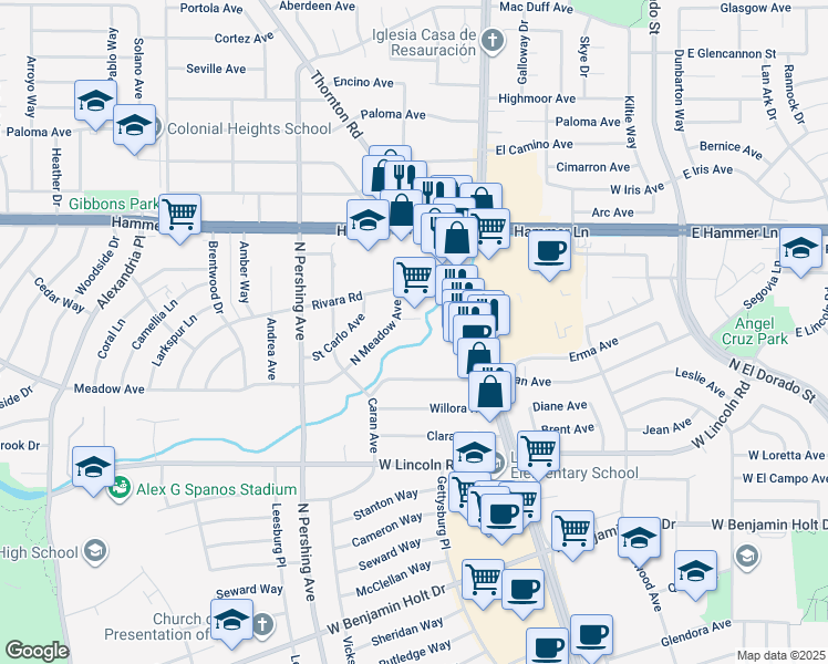 map of restaurants, bars, coffee shops, grocery stores, and more near 1032 Leaf Avenue in Stockton