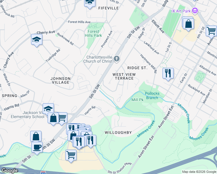 map of restaurants, bars, coffee shops, grocery stores, and more near 166 Brookwood Drive in Charlottesville