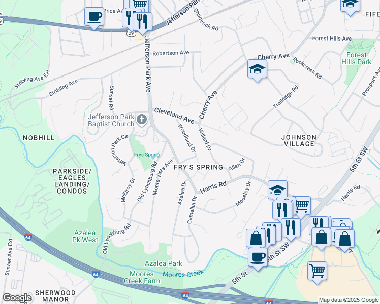 map of restaurants, bars, coffee shops, grocery stores, and more near 2539A Woodland Drive in Charlottesville