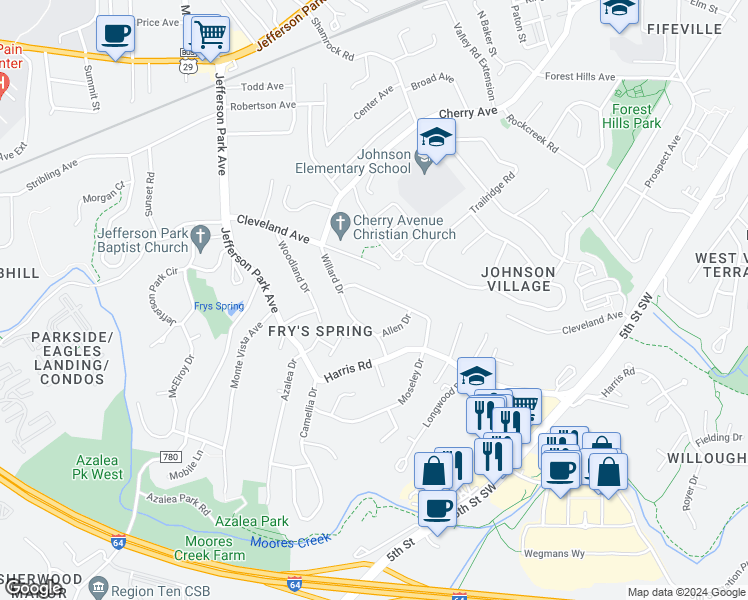 map of restaurants, bars, coffee shops, grocery stores, and more near 414 Moseley Drive in Charlottesville