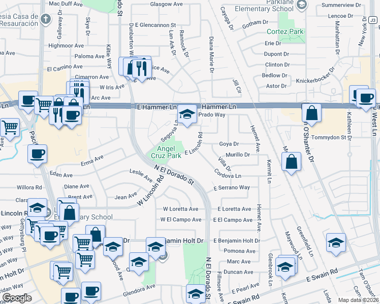 map of restaurants, bars, coffee shops, grocery stores, and more near 132 East Lincoln Road in Stockton