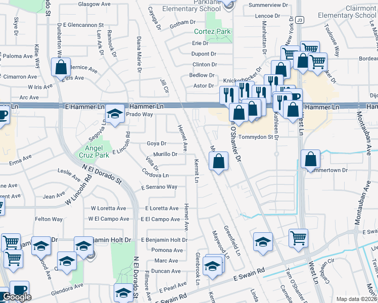map of restaurants, bars, coffee shops, grocery stores, and more near 7112 Hemet Avenue in Stockton