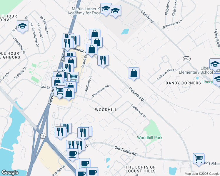 map of restaurants, bars, coffee shops, grocery stores, and more near 2459 Thornberry Court in Lexington